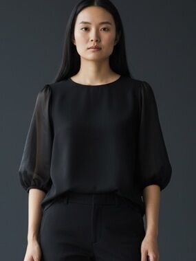 ❤️ Ann Taylor XL Stretch Knit Blouse x Sheer Puff 1/2 Sleeves